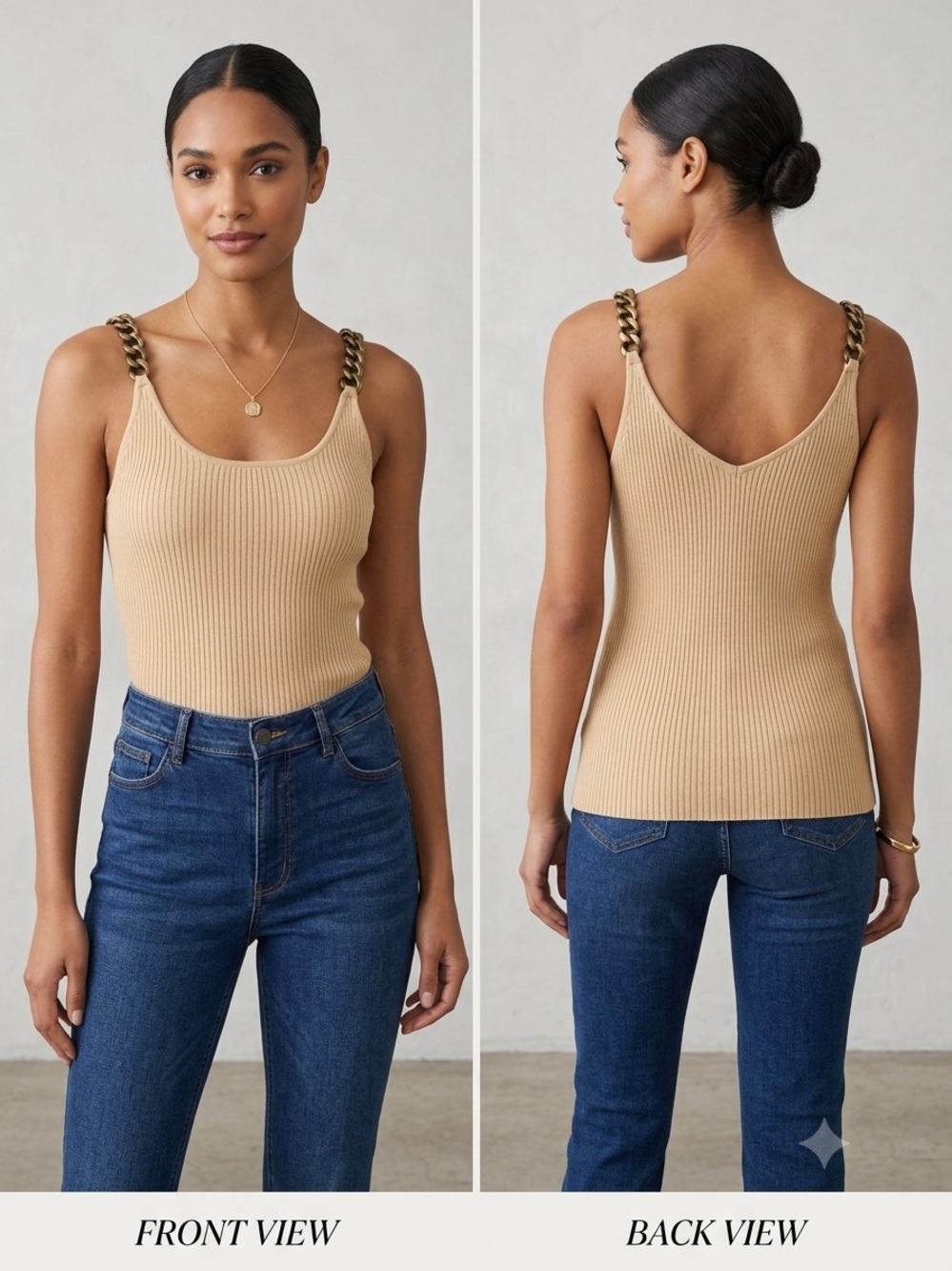 Chain-Strap Ribbed Tank Top - Beige